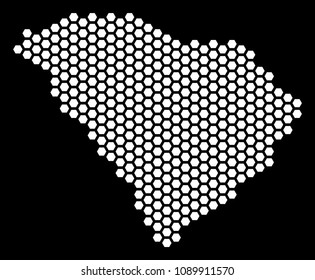 Hexagon South Carolina State map. Vector geographic scheme on a black background. Abstract South Carolina State map mosaic is made of hexagonal blots.