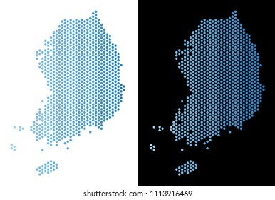 Hexagon South Korea map. Vector territory plan in light blue color with horizontal gradient on white and black backgrounds. Abstract South Korea map mosaic is done with hexagon items.