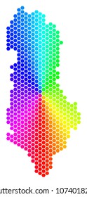 Hexagon spectrum Albania Map. Vector geographic map in bright colors on a white background. Spectrum has circular gradient. Colorful vector collage of Albania Map made of hexagonal blots.