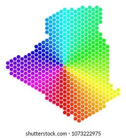 Hexagon spectrum Algeria Map. Vector geographic map in rainbow colors on a white background. Spectrum has circular gradient. Colorful vector collage of Algeria Map made of hexagon spots.