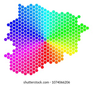 Hexagon spectrum Andorra Map. Vector geographic map in bright colors on a white background. Spectrum has circular gradient. Colored vector composition of Andorra Map organized of hexagonal blots.