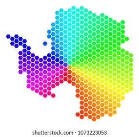 Hexagon spectrum Antarctica Map. Vector geographic map in bright colors on a white background. Spectrum has circular gradient. Color vector pattern of Antarctica Map made of hexagon blots.
