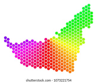Hexagon spectrum Arab Emirates Map. Vector geographic map in bright colors on a white background. Spectrum has circular gradient.