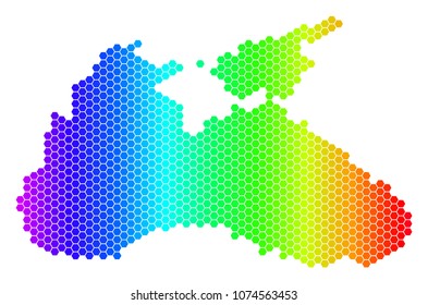Hexagon spectrum Black Sea Map. Vector geographic map in bright colors on a white background. Spectrum has horizontal gradient. Color vector mosaic of Black Sea Map created of hexagonal pixels.