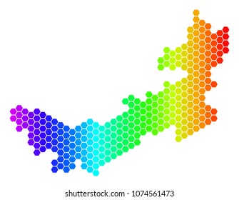 Hexagon spectrum Chinese Inner Mongolia Map. Vector geographic map in bright colors on a white background. Spectrum has horizontal gradient.