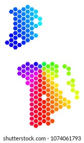 Hexagon spectrum Chinese Macau Map. Vector geographic map in bright colors on a white background. Spectrum has circular gradient. Colored vector mosaic of Chinese Macau Map made of hexagonal dots.