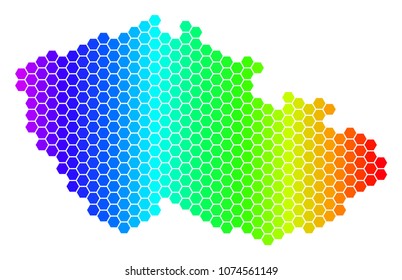 Hexagon spectrum Czech Map. Vector geographic map in bright colors on a white background. Spectrum has horizontal gradient. Colorful vector composition of Czech Map composed of hexagonal spots.