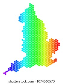 Hexagon spectrum England Map. Vector geographic map in bright colors on a white background. Spectrum has horizontal gradient. Colored vector mosaic of England Map created of hexagon pixels.