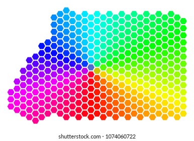 Hexagon spectrum Equatorial Guinea Map. Vector geographic map in rainbow colors on a white background. Spectrum has circular gradient.