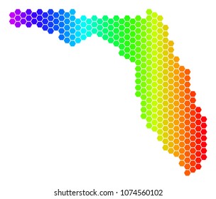 Hexagon spectrum Florida Map. Vector geographic map in bright colors on a white background. Spectrum has horizontal gradient. Colored vector composition of Florida Map designed of hexagon blots.