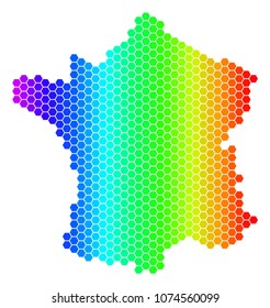 Hexagon spectrum France Map. Vector geographic map in bright colors on a white background. Spectrum has horizontal gradient. Multicolored vector collage of France Map composed of hexagonal spots.