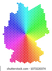 Hexagon spectrum Germany Map. Vector geographic map in bright colors on a white background. Spectrum has circular gradient. Multicolored vector collage of Germany Map combined of hexagonal dots.
