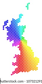 Hexagon spectrum Great Britain Map. Vector geographic map in rainbow colors on a white background. Spectrum has circular gradient.
