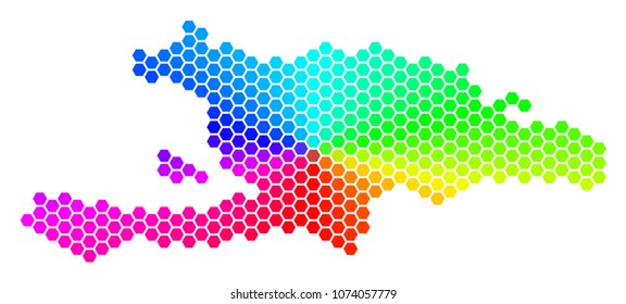 Hexagon spectrum Haiti And Dominican Republic Map. Vector geographic map in bright colors on a white background. Spectrum has circular gradient.