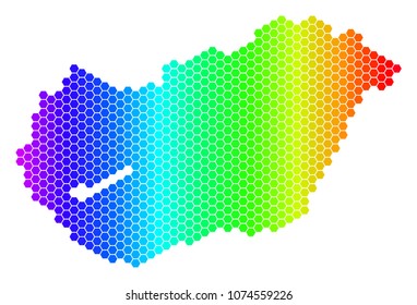 Hexagon spectrum Hungary Map. Vector geographic map in bright colors on a white background. Spectrum has horizontal gradient. Color vector mosaic of Hungary Map organized of hexagon items.