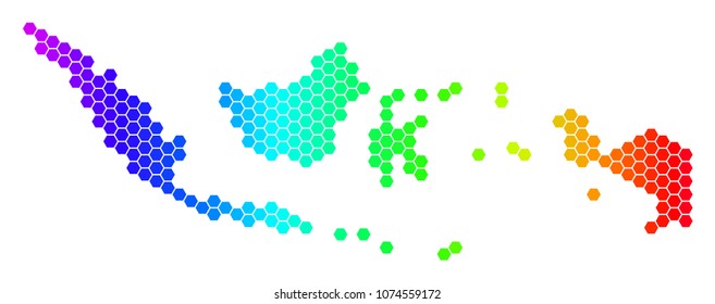 Hexagon spectrum Indonesia Map. Vector geographic map in bright colors on a white background. Spectrum has horizontal gradient. Multicolored vector pattern of Indonesia Map done of hexagon pixels.