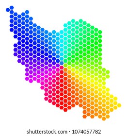Hexagon spectrum Iran Map. Vector geographic map in bright colors on a white background. Spectrum has circular gradient. Color vector collage of Iran Map done of hexagonal dots.
