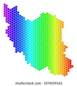 Hexagon spectrum Iran Map. Vector geographic map in bright colors on a white background. Spectrum has horizontal gradient. Multicolored vector collage of Iran Map created of hexagonal dots.