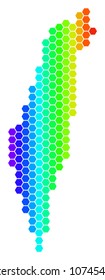 Hexagon spectrum Israel Map. Vector geographic map in bright colors on a white background. Spectrum has horizontal gradient. Colored vector collage of Israel Map composed of hexagonal elements.