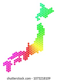 Hexagon spectrum Japan Map. Vector geographic map in rainbow colors on a white background. Spectrum has circular gradient. Colorful vector concept of Japan Map done of hexagonal items.