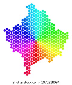 Hexagon spectrum Kosovo Map. Vector geographic map in rainbow colors on a white background. Spectrum has circular gradient. Multicolored vector collage of Kosovo Map combined of hexagon items.