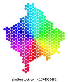 Hexagon spectrum Kosovo Map. Vector geographic map in rainbow colors on a white background. Spectrum has circular gradient. Colored vector composition of Kosovo Map designed of hexagonal elements.