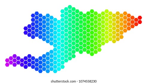 Hexagon spectrum Kyrgyzstan Map. Vector geographic map in bright colors on a white background. Spectrum has horizontal gradient.