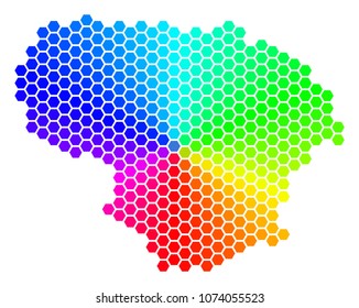 Hexagon spectrum Lithuania Map. Vector geographic map in rainbow colors on a white background. Spectrum has circular gradient. Colored vector collage of Lithuania Map composed of hexagonal dots.