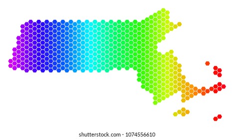 Hexagon spectrum Massachusetts State Map. Vector geographic map in bright colors on a white background. Spectrum has horizontal gradient.