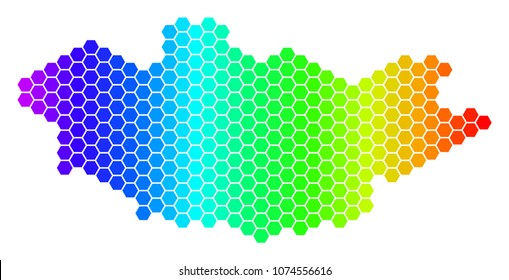 Hexagon spectrum Mongolia Map. Vector geographic map in bright colors on a white background. Spectrum has horizontal gradient. Color vector collage of Mongolia Map created of hexagonal spots.