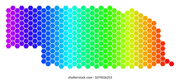 Hexagon spectrum Nebraska State Map. Vector geographic map in bright colors on a white background. Spectrum has horizontal gradient.