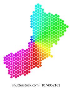 Hexagon spectrum Oman Map. Vector geographic map in rainbow colors on a white background. Spectrum has circular gradient. Color vector composition of Oman Map organized of hexagonal pixels.