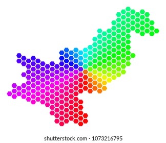 Hexagon spectrum Pakistan Map. Vector geographic map in rainbow colors on a white background. Spectrum has circular gradient. Multicolored vector concept of Pakistan Map made of hexagon elements.