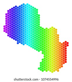 Hexagon spectrum Paraguay Map. Vector geographic map in bright colors on a white background. Spectrum has horizontal gradient. Multicolored vector mosaic of Paraguay Map created of hexagon items.