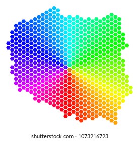 Hexagon spectrum Poland Map. Vector geographic map in rainbow colors on a white background. Spectrum has circular gradient. Colorful vector concept of Poland Map made of hexagon blots.