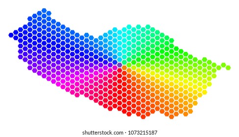 Hexagon spectrum Portugal Madeira Island Map. Vector geographic map in bright colors on a white background. Spectrum has circular gradient.