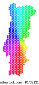 Hexagon spectrum Portugal Map. Vector geographic map in rainbow colors on a white background. Spectrum has circular gradient. Multicolored vector mosaic of Portugal Map done of hexagonal spots.