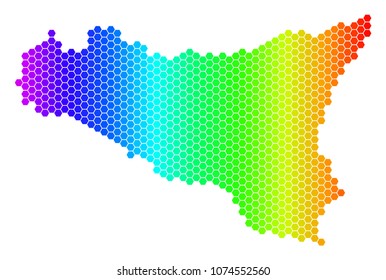 Hexagon spectrum Sicilia Map. Vector geographic map in bright colors on a white background. Spectrum has horizontal gradient. Multicolored vector composition of Sicilia Map done of hexagonal dots.