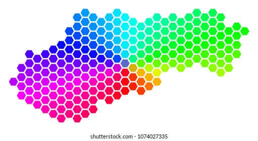 Hexagon spectrum Slovakia Map. Vector geographic map in rainbow colors on a white background. Spectrum has circular gradient. Colored vector composition of Slovakia Map created of hexagon items.