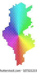 Hexagon spectrum Tunisia Map. Vector geographic map in rainbow colors on a white background. Spectrum has circular gradient. Colored vector concept of Tunisia Map organized of hexagon pixels.
