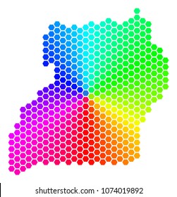 Hexagon spectrum Uganda Map. Vector geographic map in bright colors on a white background. Spectrum has circular gradient. Color vector concept of Uganda Map combined of hexagon blots.