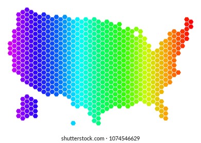 Hexagon spectrum USA With Alaska Map. Vector geographic map in bright colors on a white background. Spectrum has horizontal gradient.