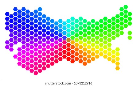 Hexagon spectrum USSR Map. Vector geographic map in rainbow colors on a white background. Spectrum has circular gradient. Colored vector pattern of USSR Map composed of hexagon blots.