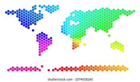 Hexagon spectrum World Continent Map. Vector geographic map in rainbow colors on a white background. Spectrum has circular gradient.