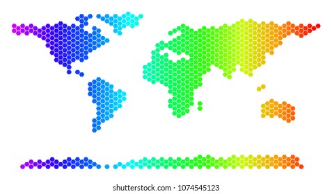 Hexagon spectrum World Continent Map. Vector geographic map in bright colors on a white background. Spectrum has horizontal gradient.