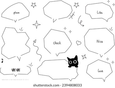 Hexagon speech bubbles with cat. Hand drawn vector illustration.