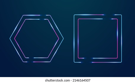 Hexagon and square neon frames set. Vector empty borders tor text. Illuminated glowing neon frame night club signs. Thin shining line borders, led flare text boxes. Cyberspace style design