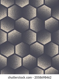 Antecedentes de la tecnología de patrones sin soldadura de Hexagon Stipplied Seamless Pattern Technology Vector Abstract. Textura Geométrica Tilable A Mano Dotada De Papel De Techo Repetitivo Grunge Hexagonal. Ilustración de arte de los colores retro de semitono