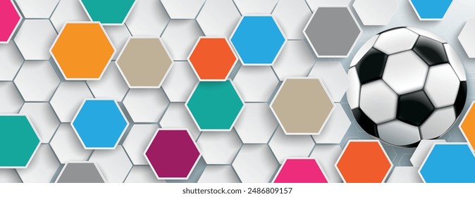 Estructura hexagonal con un fútbol clásico sobre el fondo gris. Archivo de Vector Eps 10.