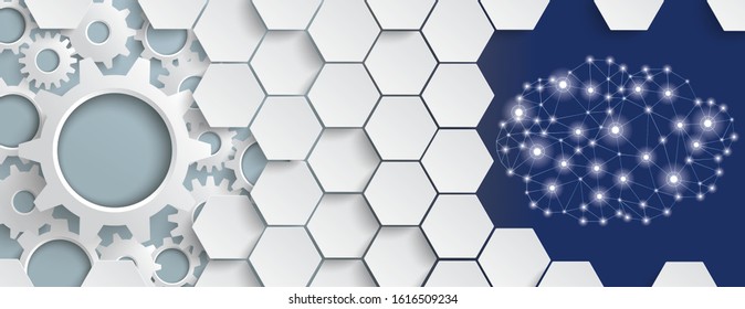 Hexagon structure with gears and cloud on the gray background. Eps 10 vector file.